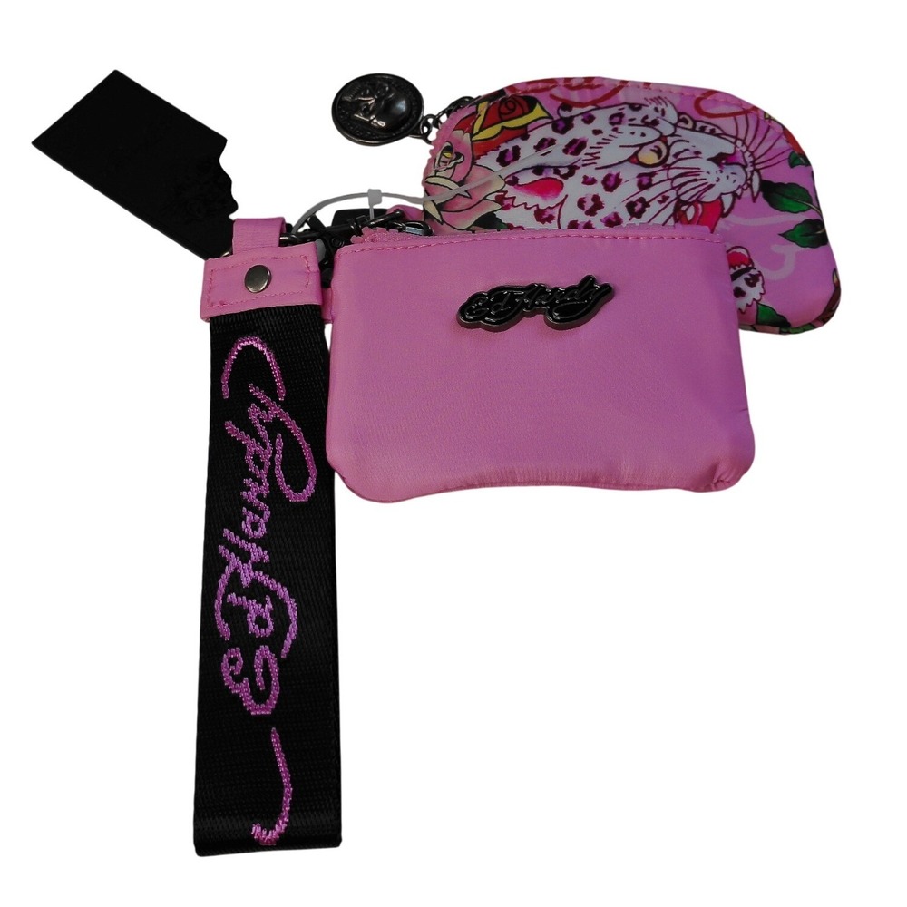 Ed Hardy Pink Leopard Double Coin Pouch Wristlet Keychain Set Y2K Tattoo NWT